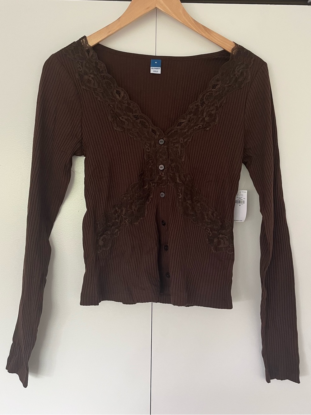 Old Navy Brown Ribbed Lace-Trim Button Down Top
